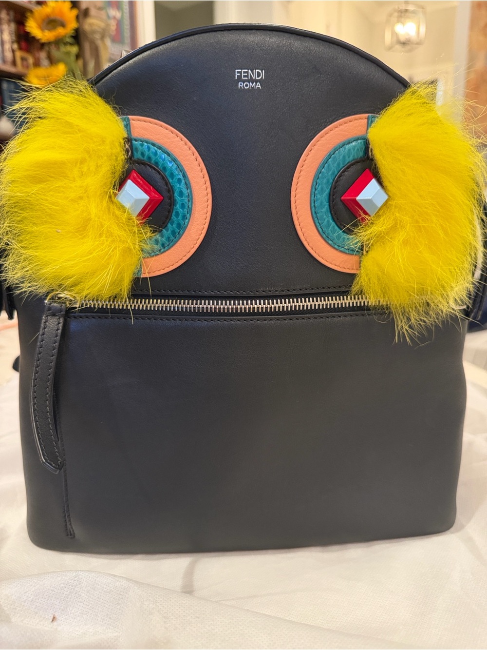 Fendi Black Leather Monster Backpack with Yellow Fur Accent